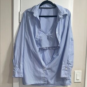 Blue Striped Womens Button-Up Shirt and Crop Top Set Size Large